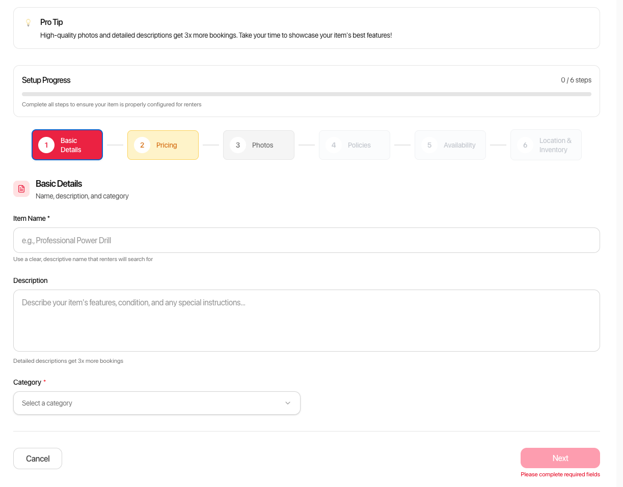 RentGrab listing wizard showing the 6 steps