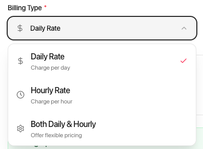 Billing type options: Daily, Hourly, or Both