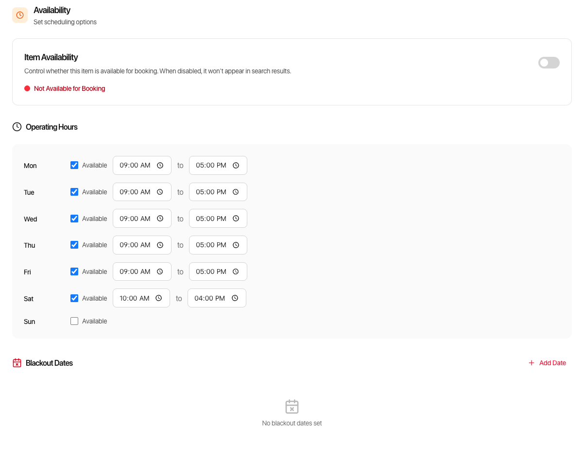 Availability settings with operating hours