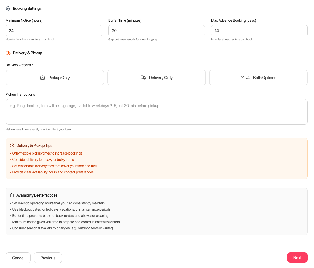 Booking settings and delivery options