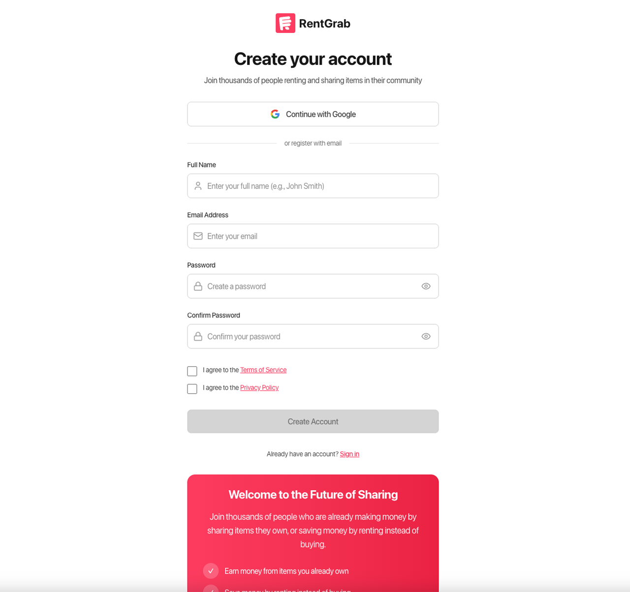 RentGrab create account page