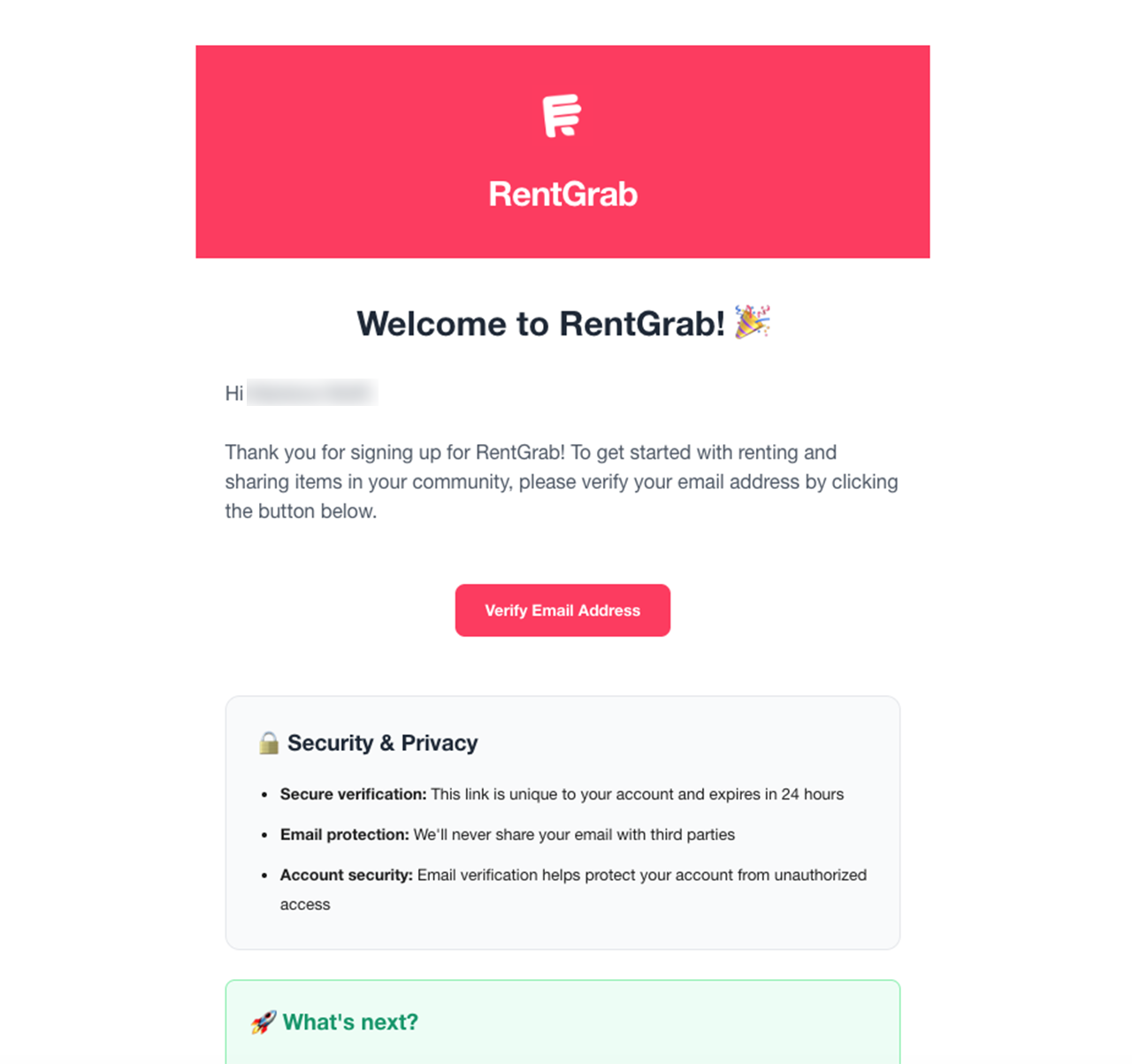Email verification message from RentGrab