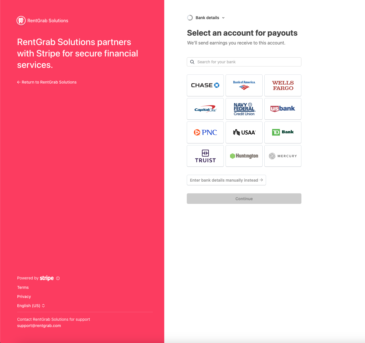 Stripe bank selection