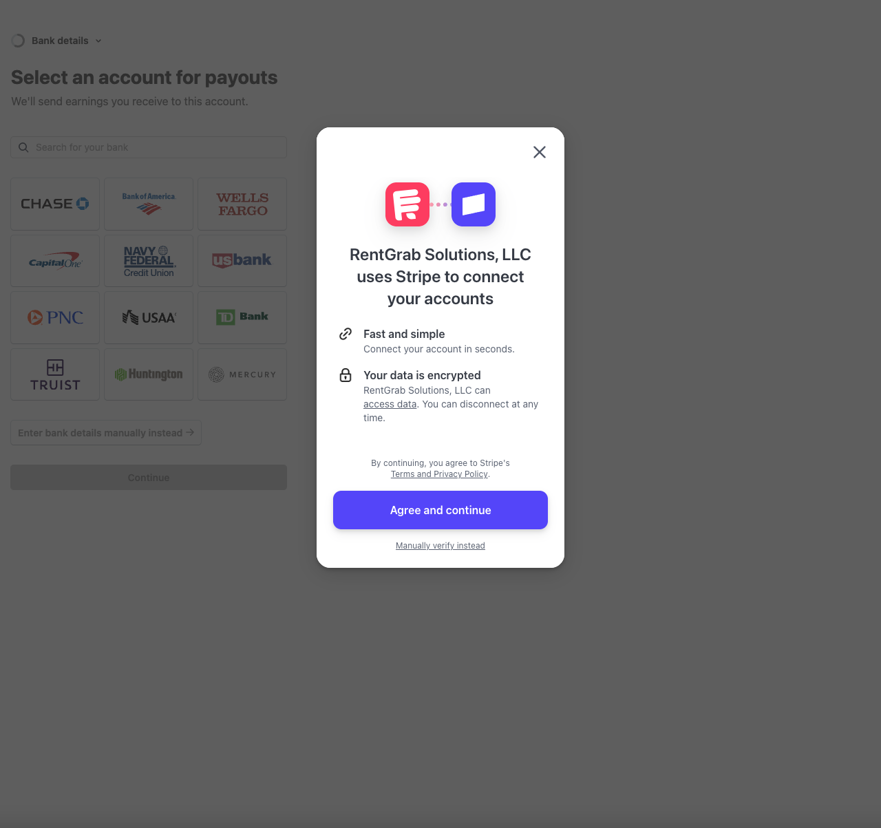 Stripe bank connection modal
